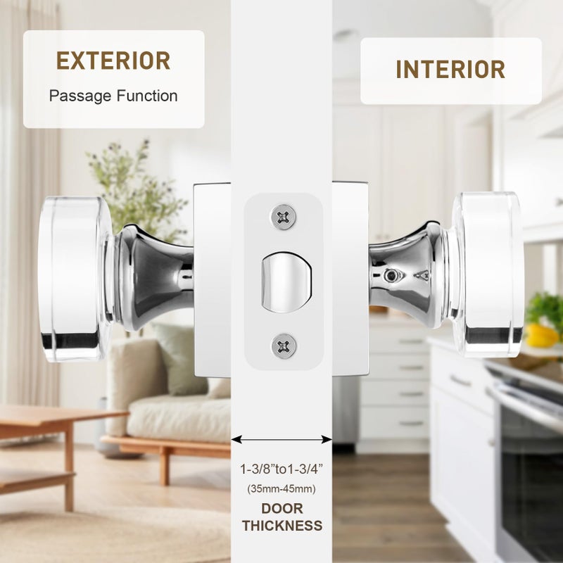 naubea Polished Chrome Door Knobs Glass Door Knobs Interior Passage Door Knob Crystal Interior Door Knob for Closet and Hallway - Image 3